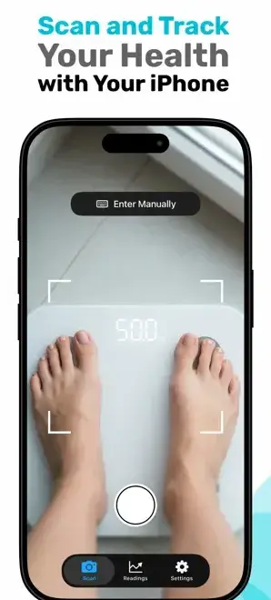 App Store screenshot showing scale-based tracking with Health Scan Express