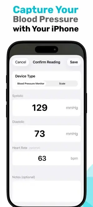 App Store screenshot showing Health Scan Express scanning a blood pressure reading