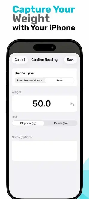 App Store screenshot showing weight capture in Health Scan Express