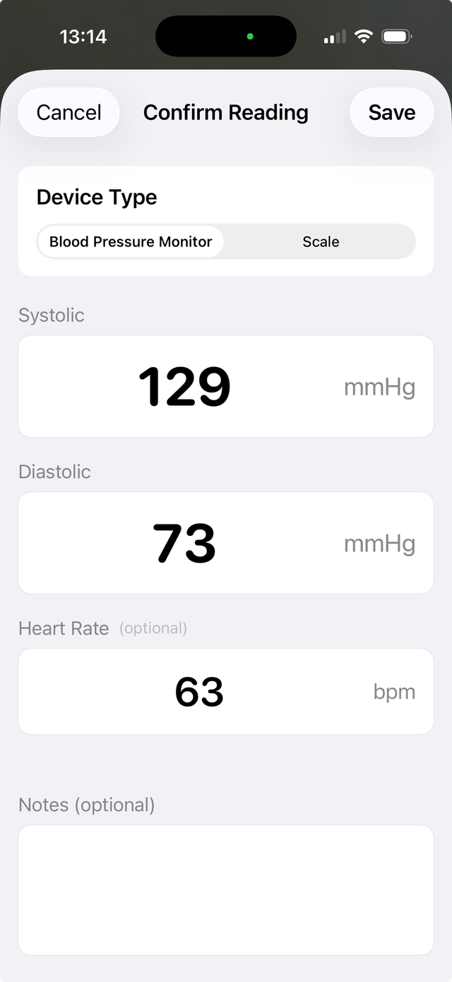 Blood pressure confirmation with separate systolic, diastolic and pulse fields and a Save button.
