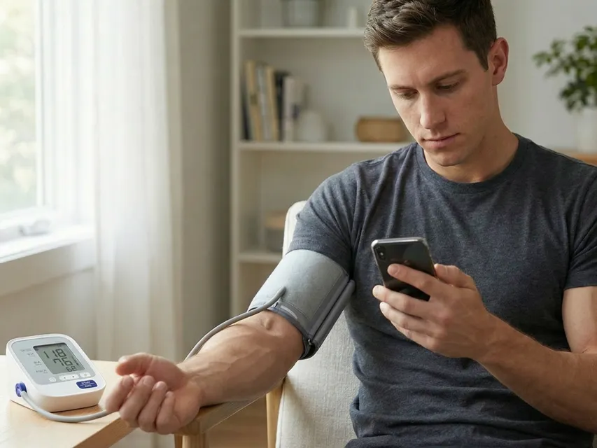 Person checking blood pressure with Health Scan Express