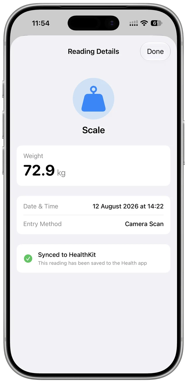 Weight reading details showing 72.9 kg and confirmation that it was saved to the Health app