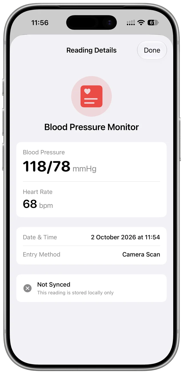 Health Scan Express reading details showing an unsynced blood pressure reading stored locally only