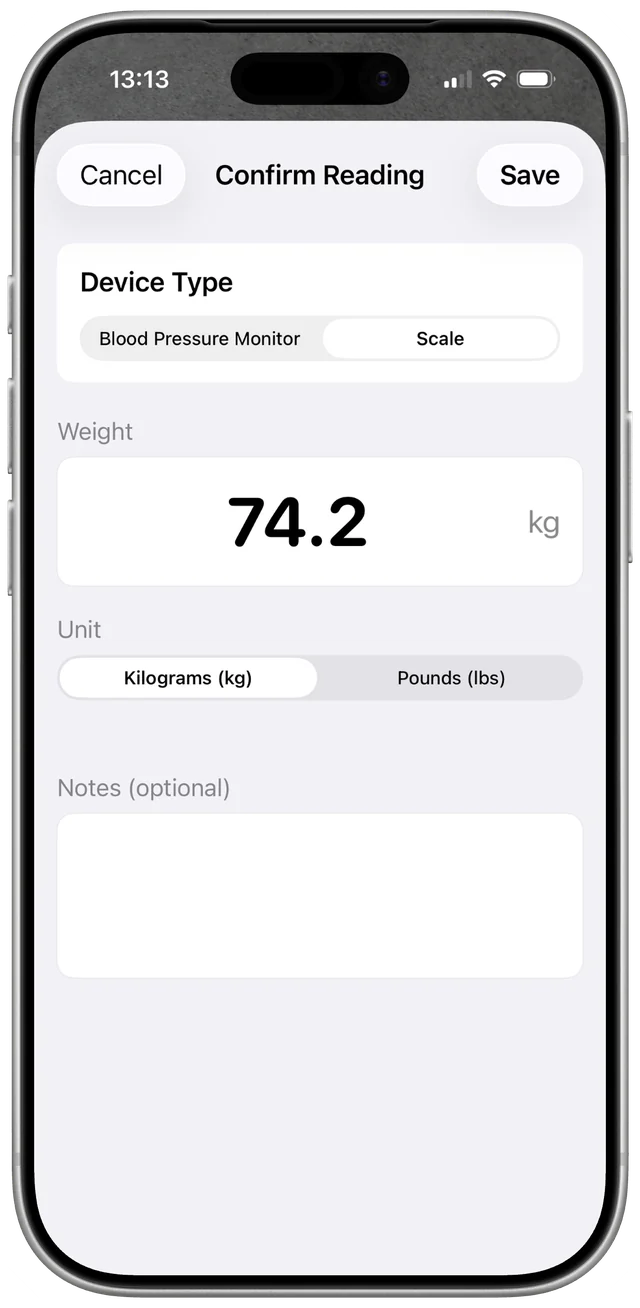 Confirm Reading screen showing 74.2 kg, a kg or lbs selector, and Save