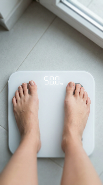 Feet standing on a digital scale showing weight measurement